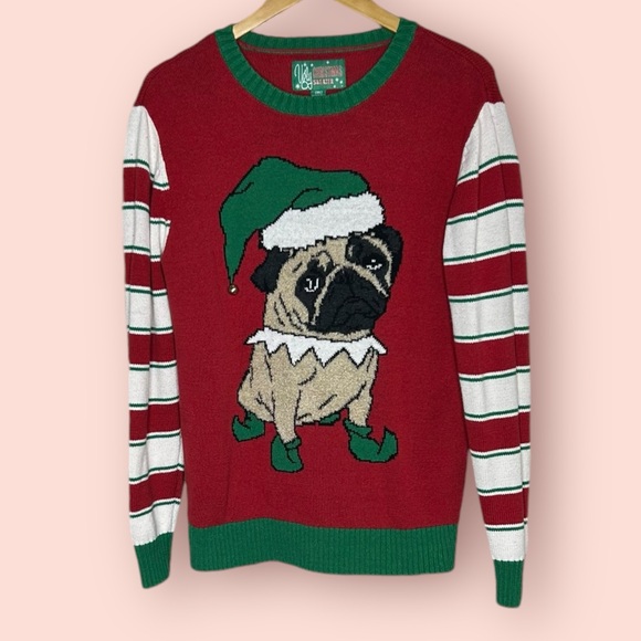 Pug Ugly Christmas Sweater Medium Green White Dog Santa Hat - Picture 1 of 4